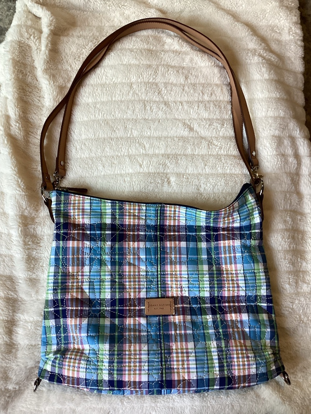 Tommy Hilfiger Plaid Shoulder Hobo Bag in Blue, Green, Brown